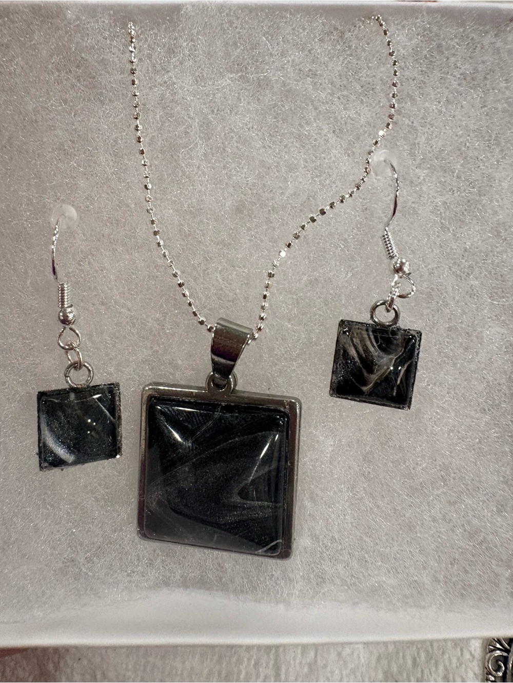 Hand Crafted Black Swirl Square Pendant Necklace and Earrings Set